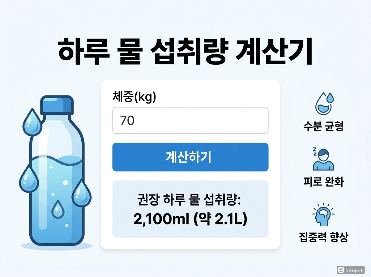 체중에 따라 하루 물 섭취량을 계산하는 건강 계산기 화면